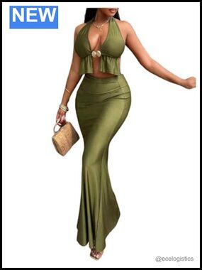 2 Piece Skirt Set Crop Halter Top Maxi Skirt Cocktail Outfit